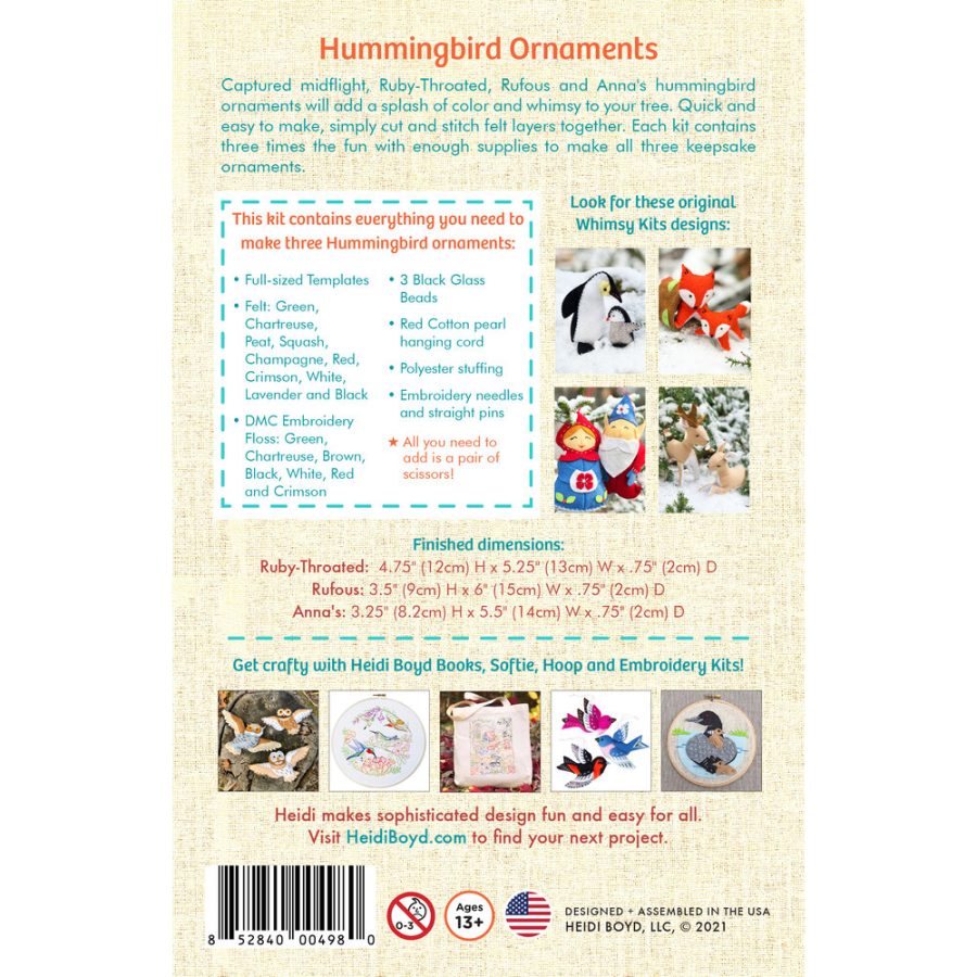 Heidi Boyd Hummingbird Ornament Whimsy Kit - Stitched Felt
