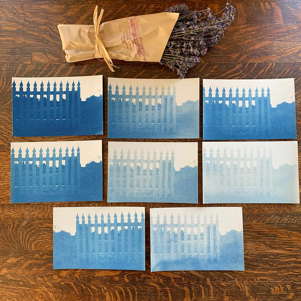 Fence Cyanotype Postcards of Shaker Village by Cole Caswell
