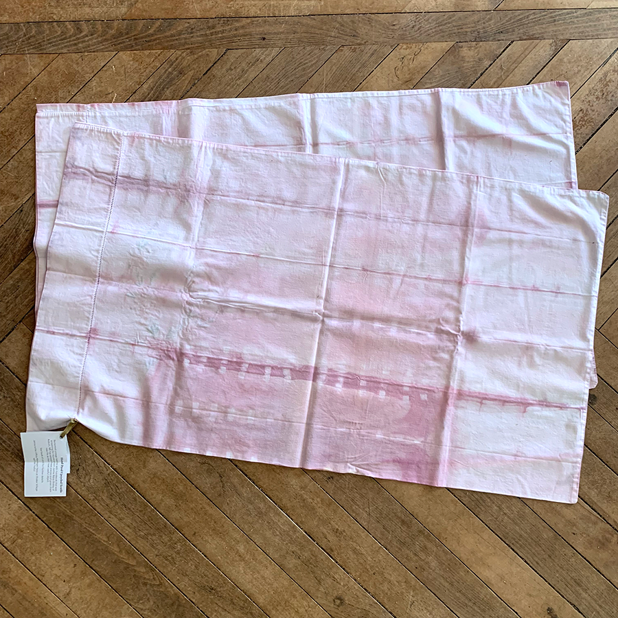 Upcycled vintage set of 2 Pillowcases with hand embroidered flowers and Shibori Dye by Jamie Ribisi-Braley