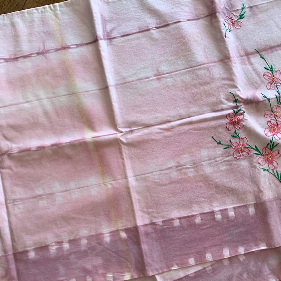 Upcycled vintage set of 2 Pillowcases with hand embroidered flowers and Shibori Dye by Jamie Ribisi-Braley